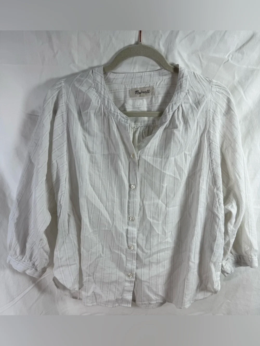 Madewell White Metallic Stripe Peasant Blouse Puff Sleeve Top Small‎